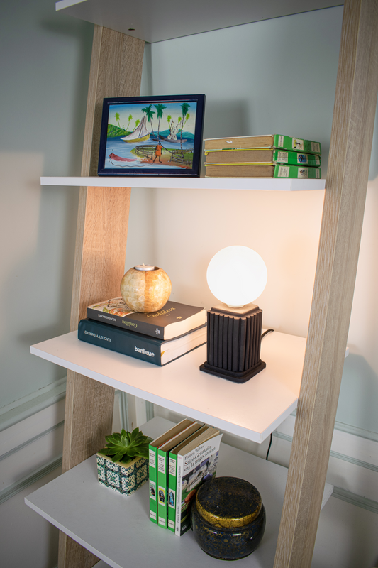 Black Heera | Small Table Lamp with Rectangular Base and a Glass Orb Light Shade
