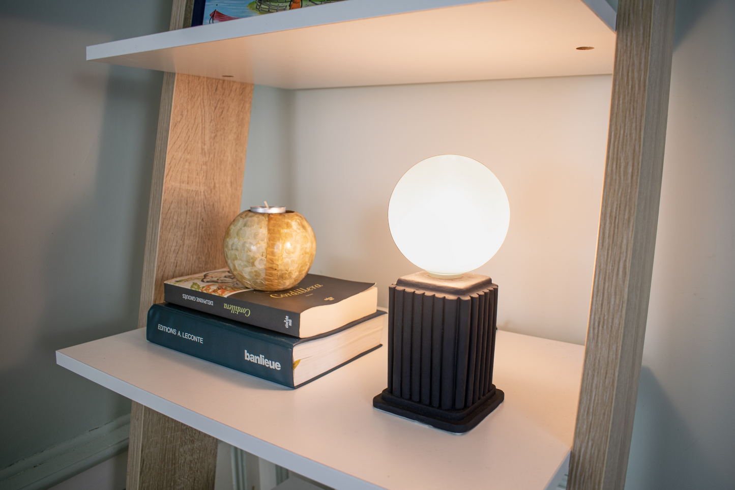 Black Heera | Small Table Lamp with Rectangular Base and a Glass Orb Light Shade