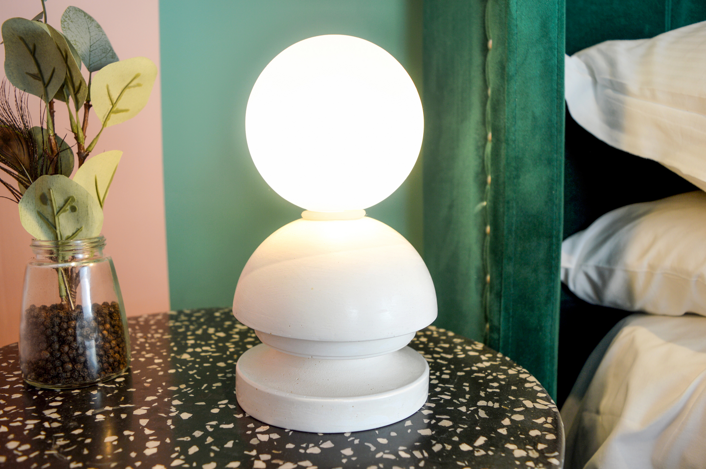 Mia | Modern Round Ceramic Table Lamp Base with a Glass Light Shade