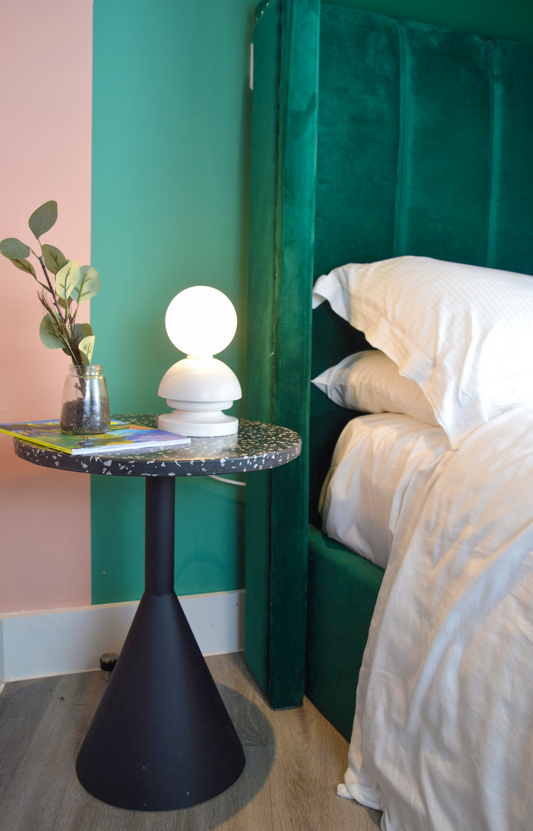 Mia | Modern Round Ceramic Table Lamp Base with a Glass Light Shade