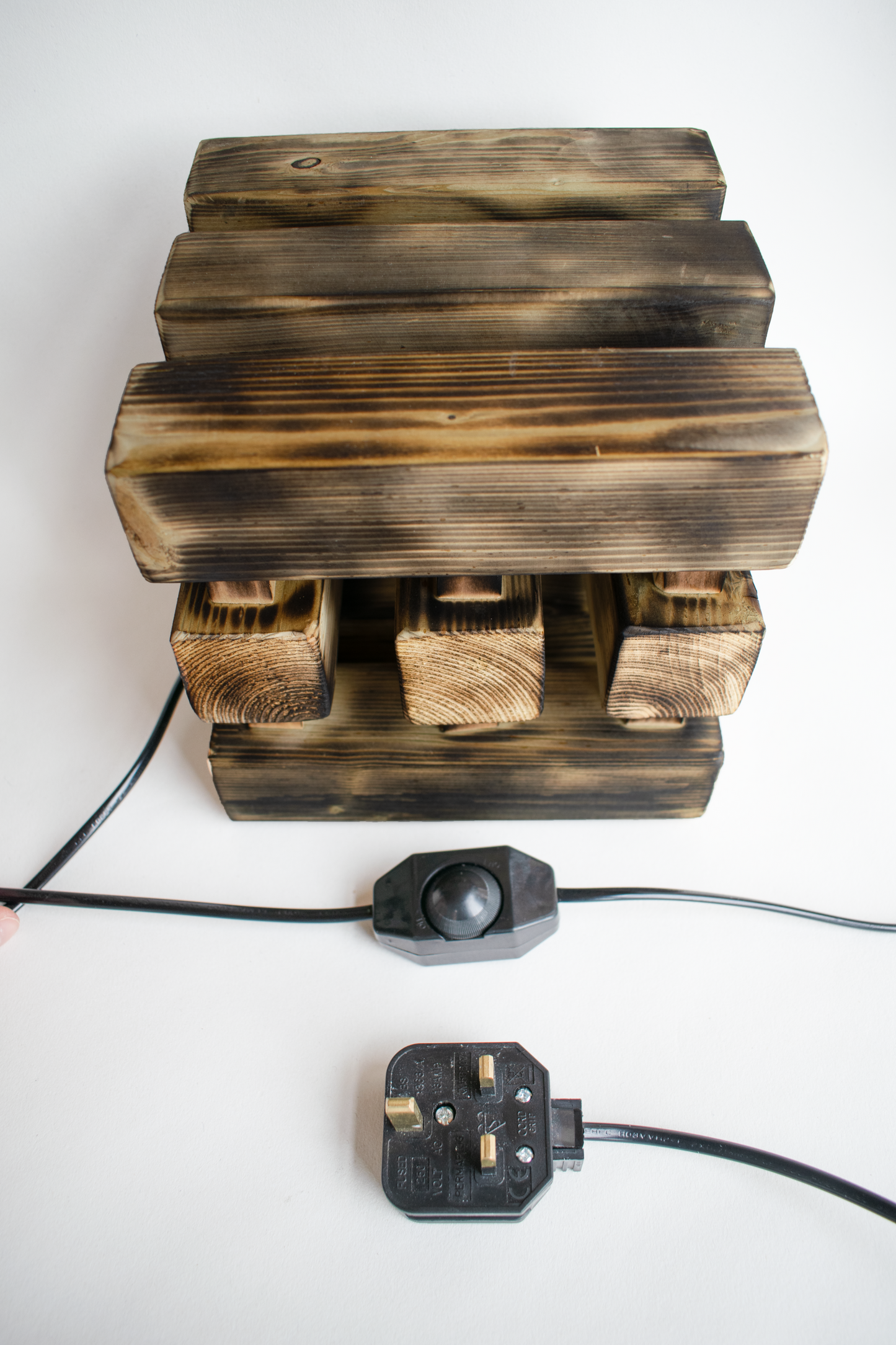 Burnt Wood Table Lamp with Square Base and Dimmer Switch, Rustic Cottage Farmhouse Style