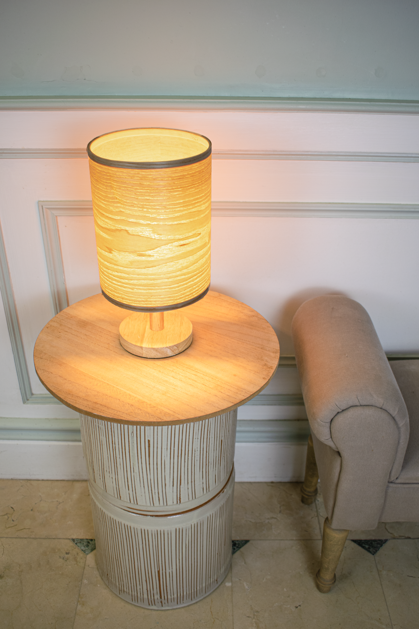 Tall Light Ash Lampshade with a Wood Base