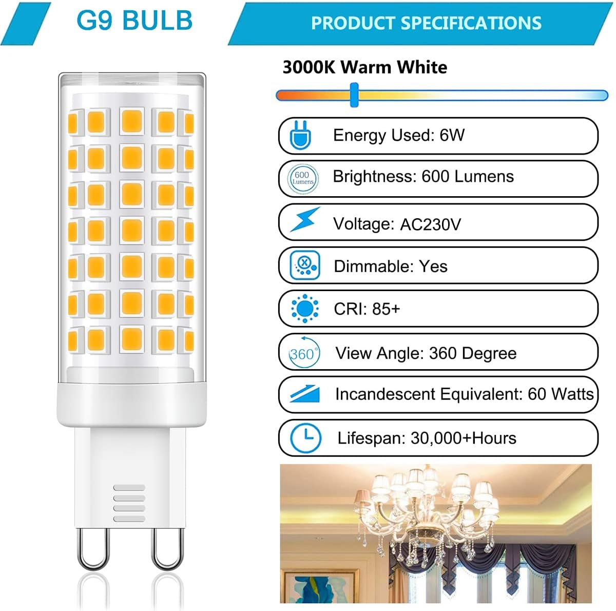 G9 LED 6W Dimmable Light Bulb, 3000K Warm White
